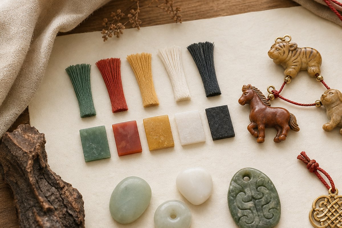 Five color material samples, three zodiac charms, red cord, jade stones, and abstract guardian charm