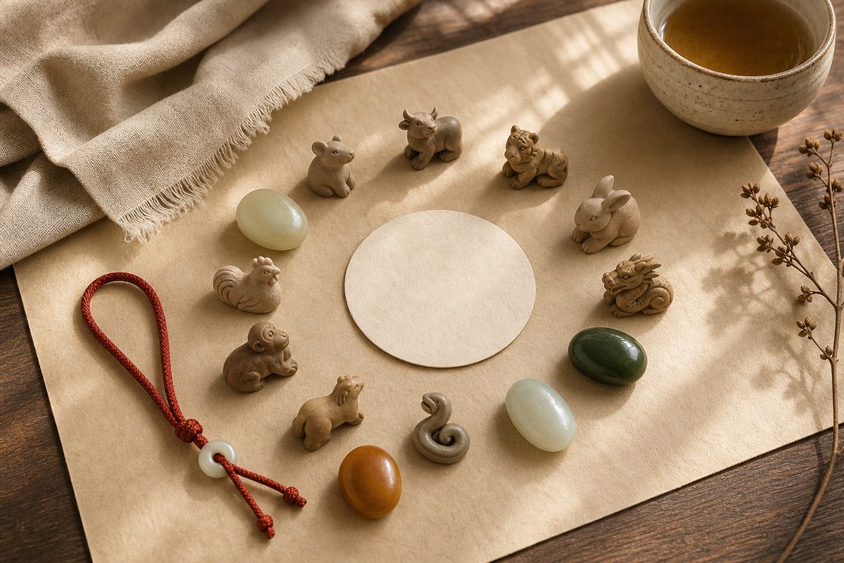 Abstract zodiac tokens and five muted jade color samples arranged on warm parchment