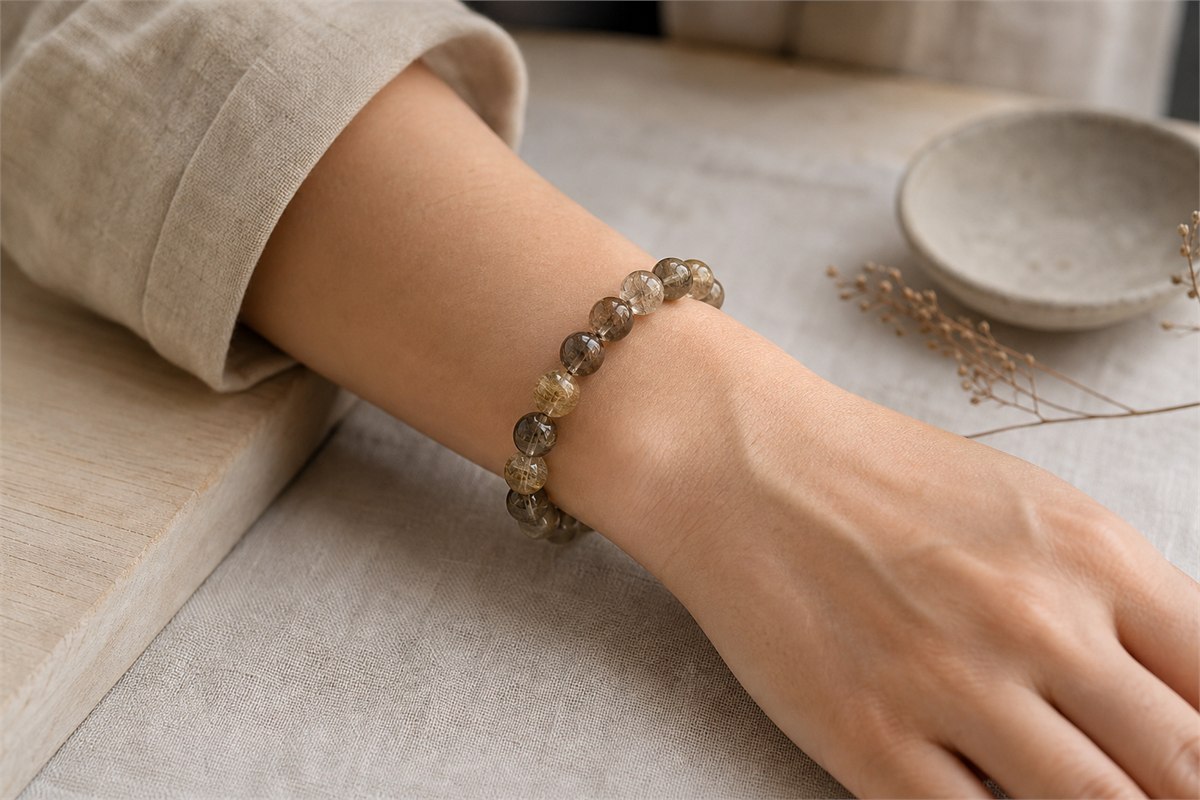 A single 10 mm smoky and golden-rutilated quartz bracelet worn comfortably on the wrist