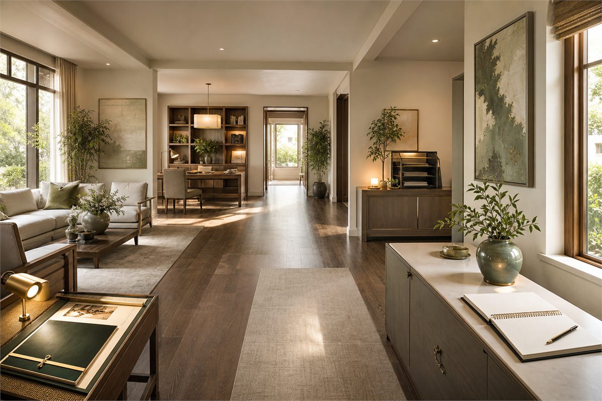 Wide modern home interior with several calm, usable zones and clear circulation
