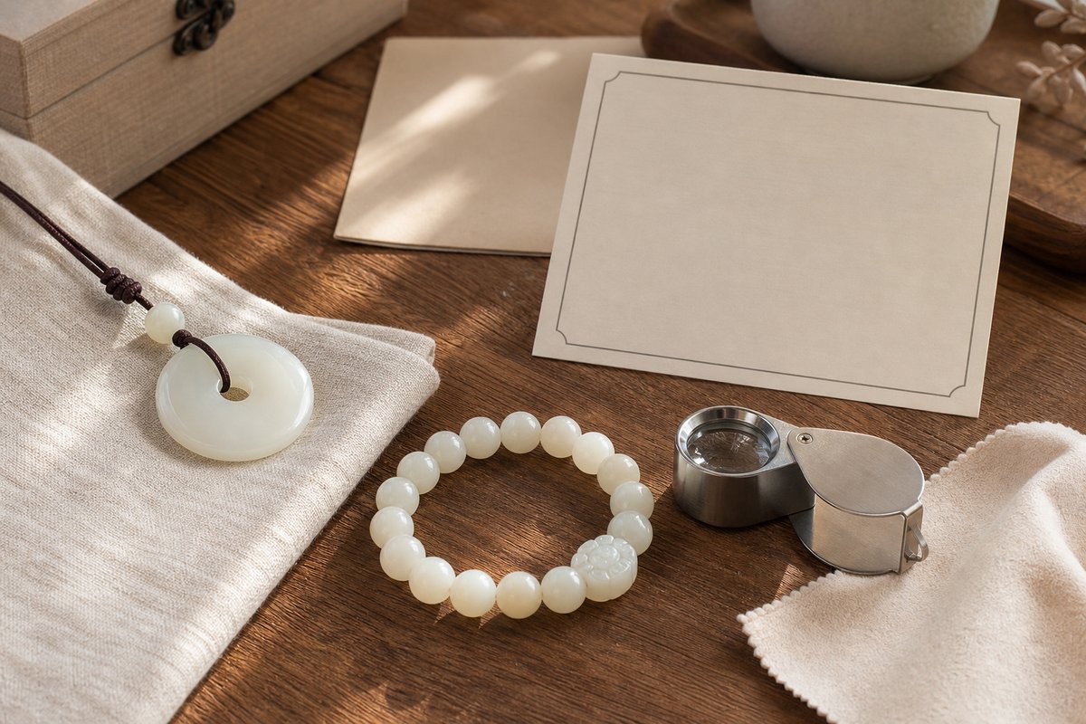 White jade pendant, bead bracelet, magnifying loupe, soft cloth, and blank certificate-style card for choosing white jade
