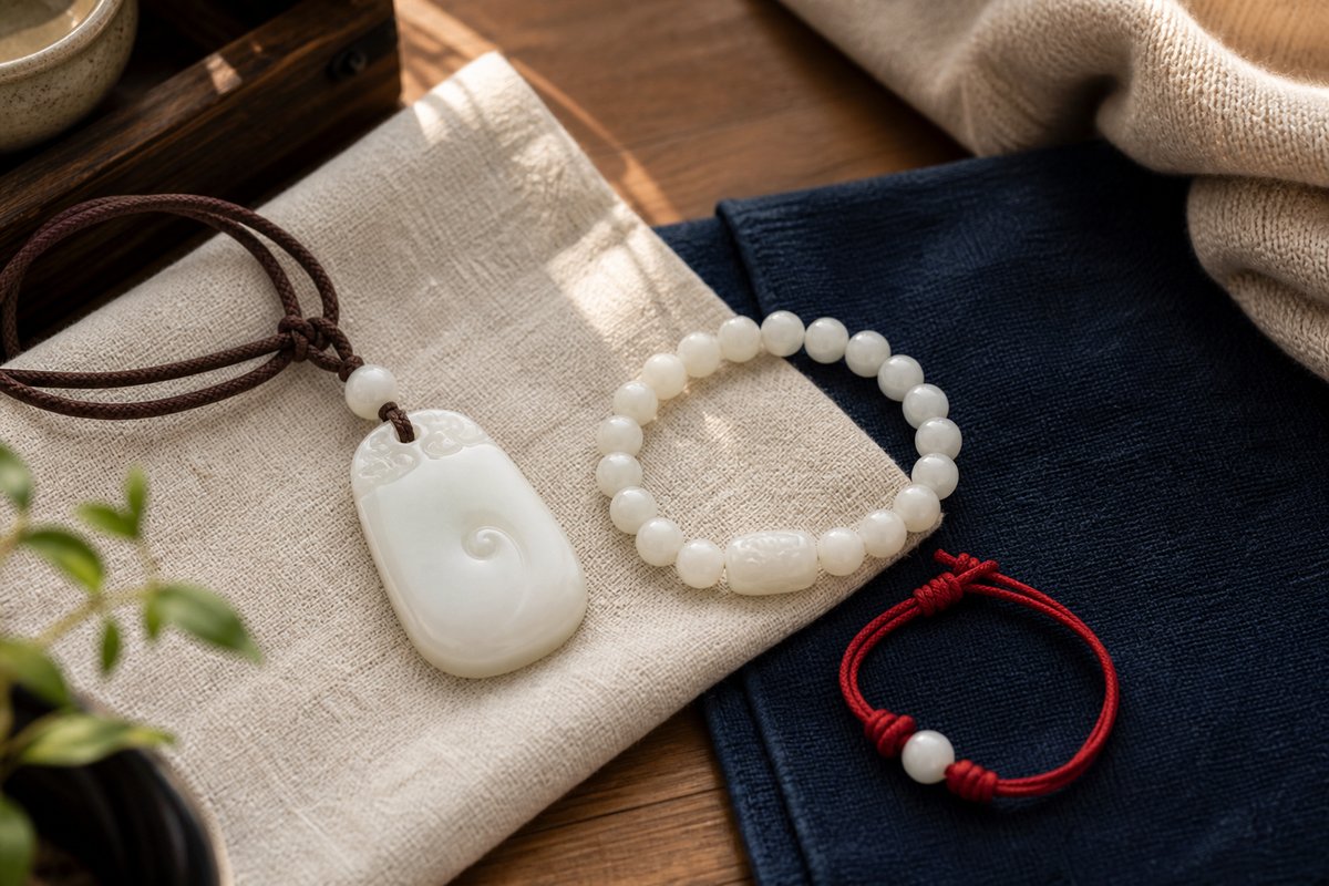 White jade pendant on brown cord, simple white jade bead bracelet, red cord accent, ivory linen, and navy fabric