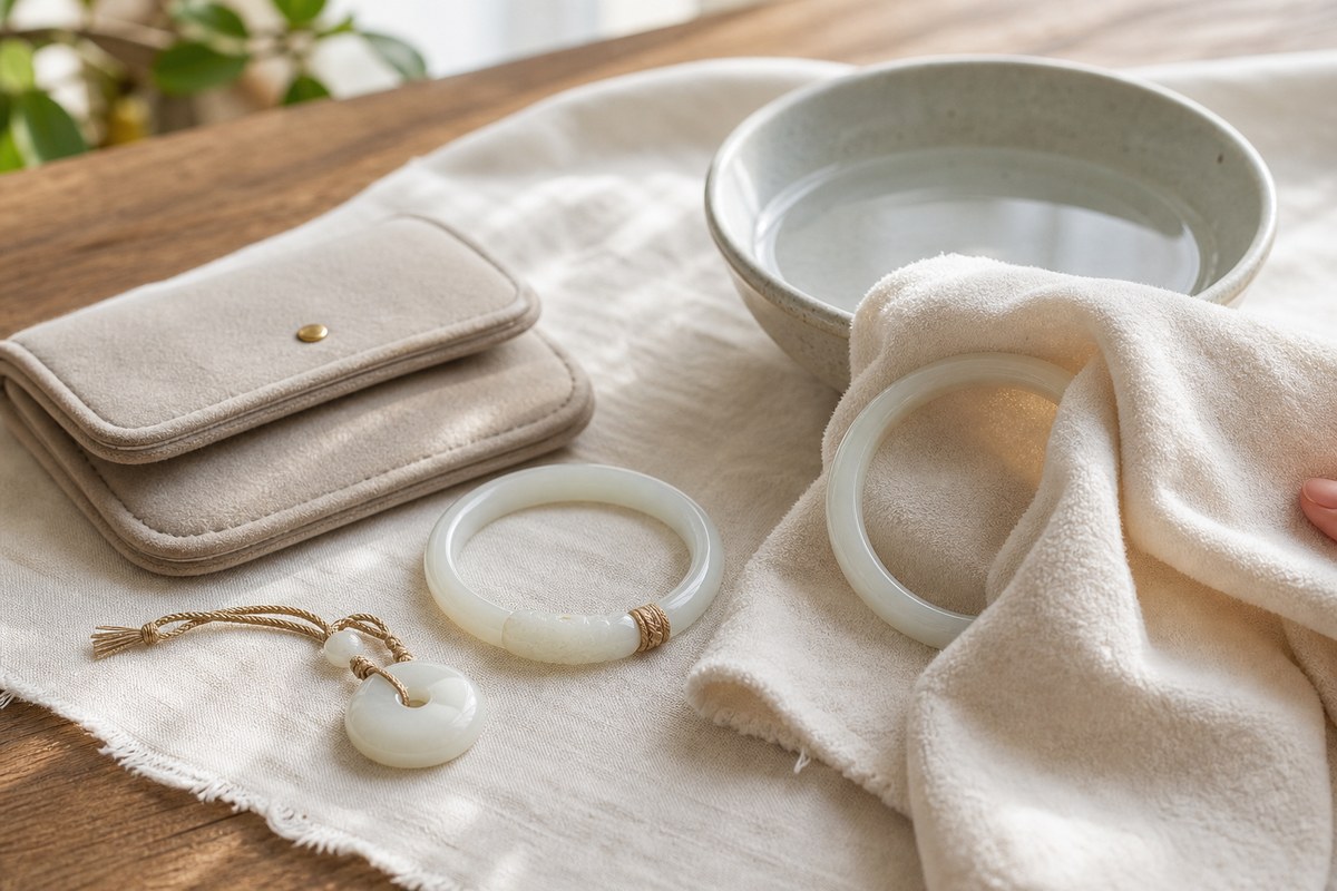 White jade bracelet and pendant with soft cleaning cloth, padded storage pouch, and ceramic dish of clean water