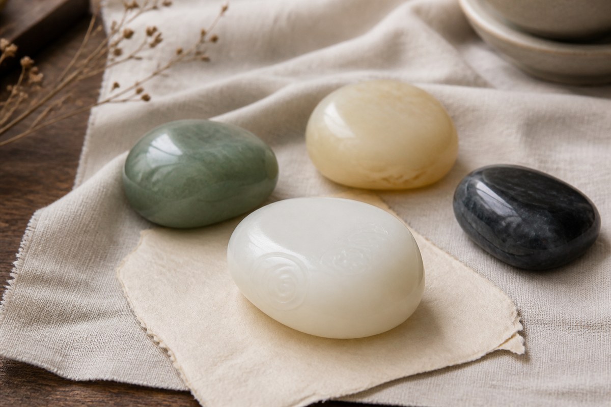 Creamy white jade, muted green jade, soft yellow jade, and dark ink-toned jade arranged on warm ivory linen