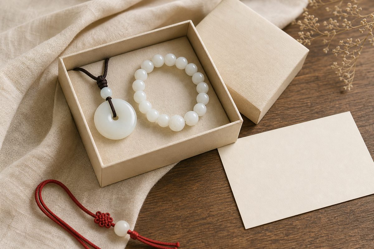 Neutral gift box with white jade pendant, white jade bracelet, blank card, and restrained red cord accent