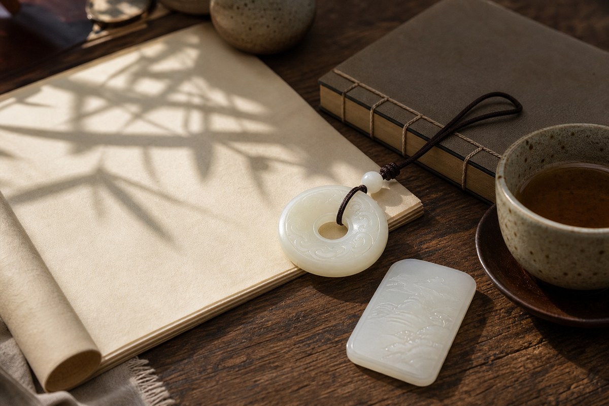 White jade bi-disc inspired pendant and small jade plaque on a warm scholar desk with blank parchment and tea
