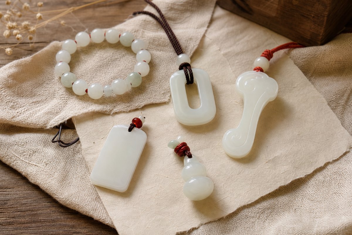 White jade bracelet segment, safety buckle pendant, Ruyi-shaped pendant, plain plaque, and small gourd charm on ivory linen