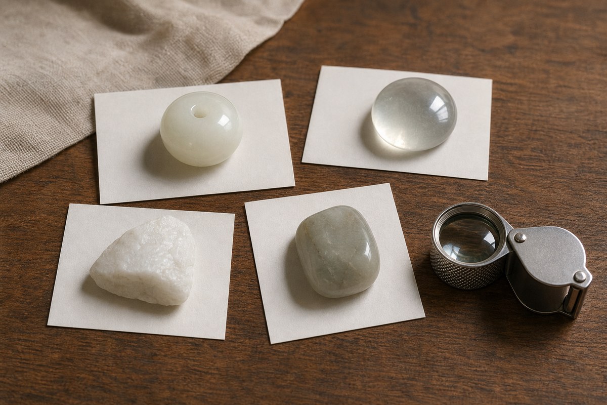 White jade-like stone samples with glassy, grainy, translucent, and polished surfaces on blank cards with a magnifying loupe