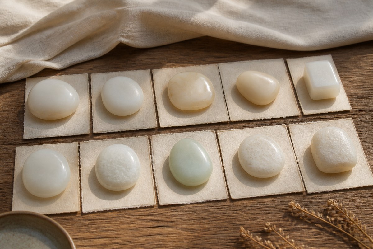 White and cream jade-like samples with varied warmth, translucency, grain, and luster on blank parchment cards
