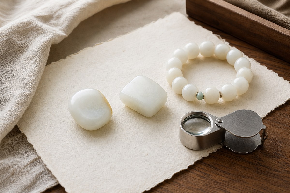 White jade samples, bead bracelet segment, blank paper, and magnifying loupe for identifying white jade