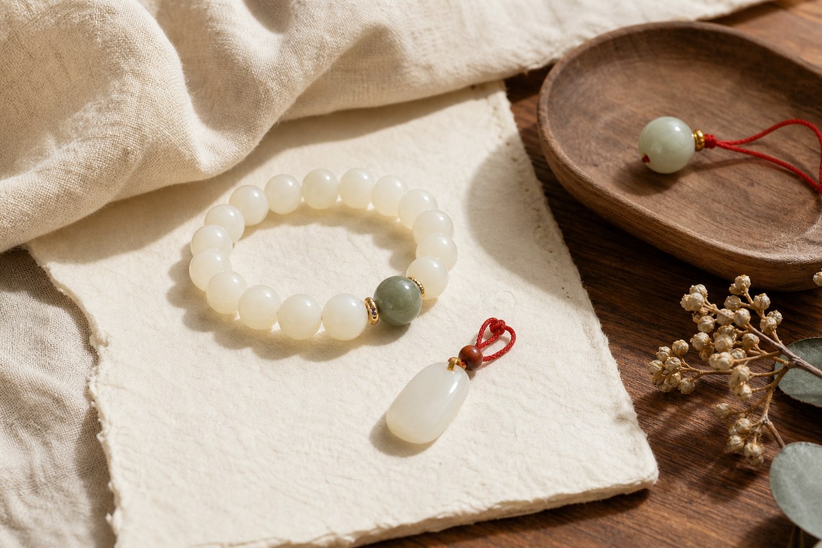 White jade bracelet, pendant, muted jade bead, and red cord on warm ivory linen for white jade meaning