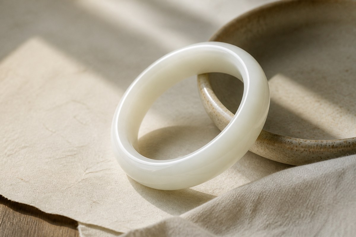 Smooth white jade bangle or pendant catching soft daylight on ivory paper and linen