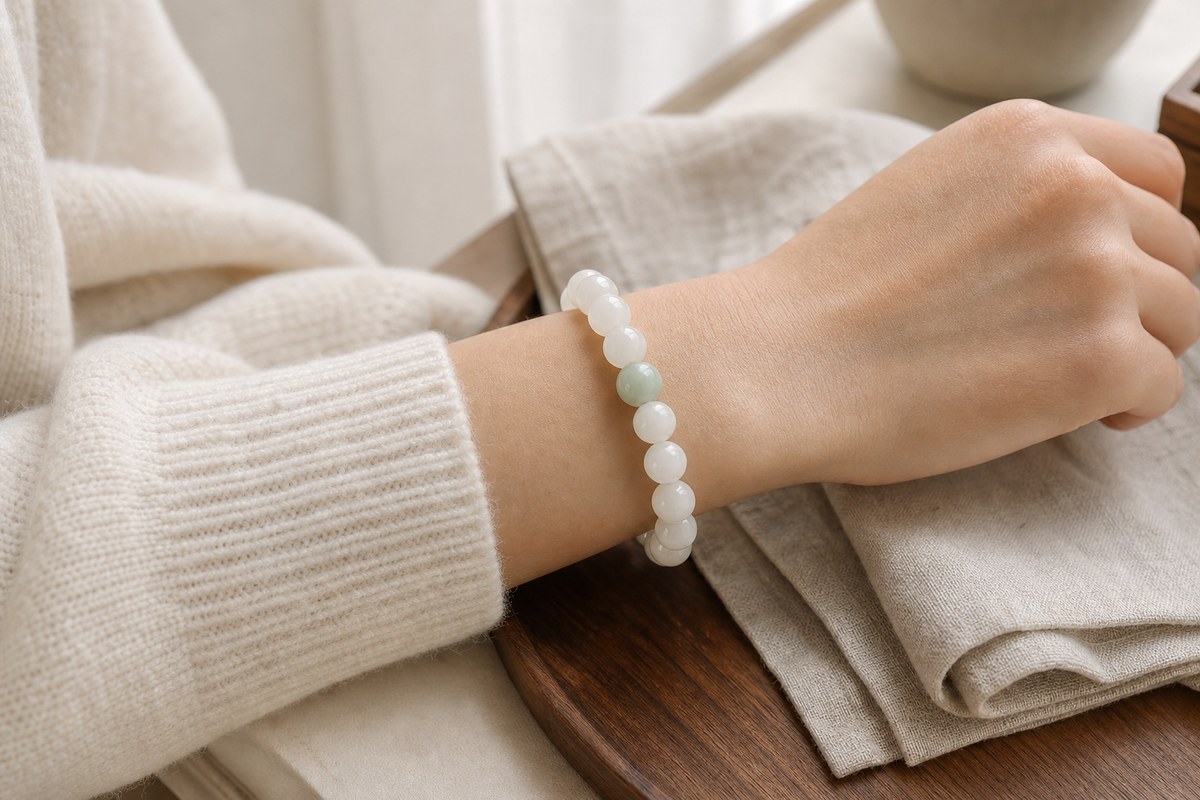 Wrist wearing a simple creamy white jade bead bracelet with a pale celadon accent bead beside ivory knit and warm wood