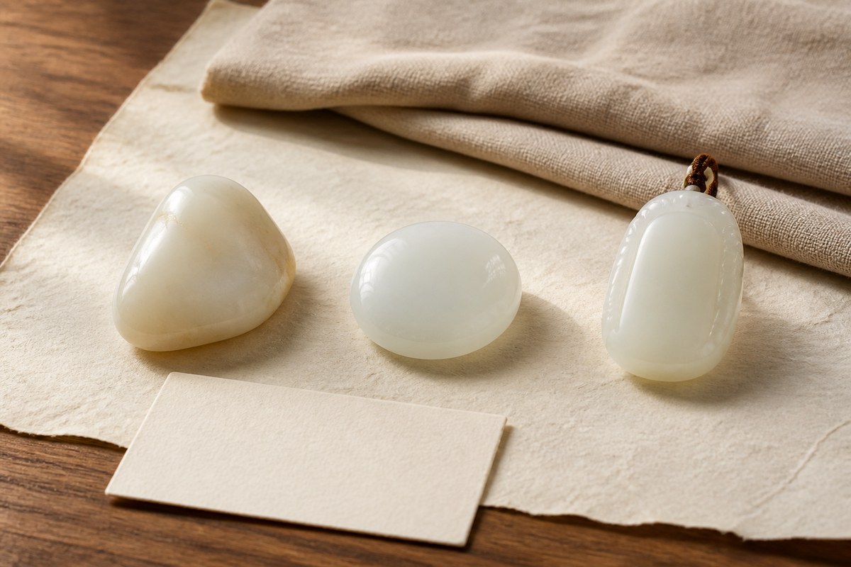 Three white jade pieces with different creamy, waxy, and glassy appearances for nephrite, jadeite, and mutton-fat white jade