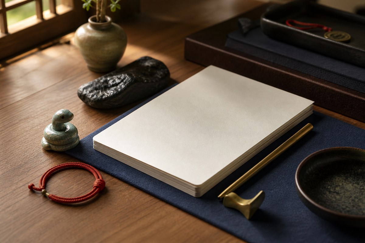 Quiet work desk with deep blue cloth, black stone, red cord, brass pen rest, blank notebook, and small ceramic snake token
