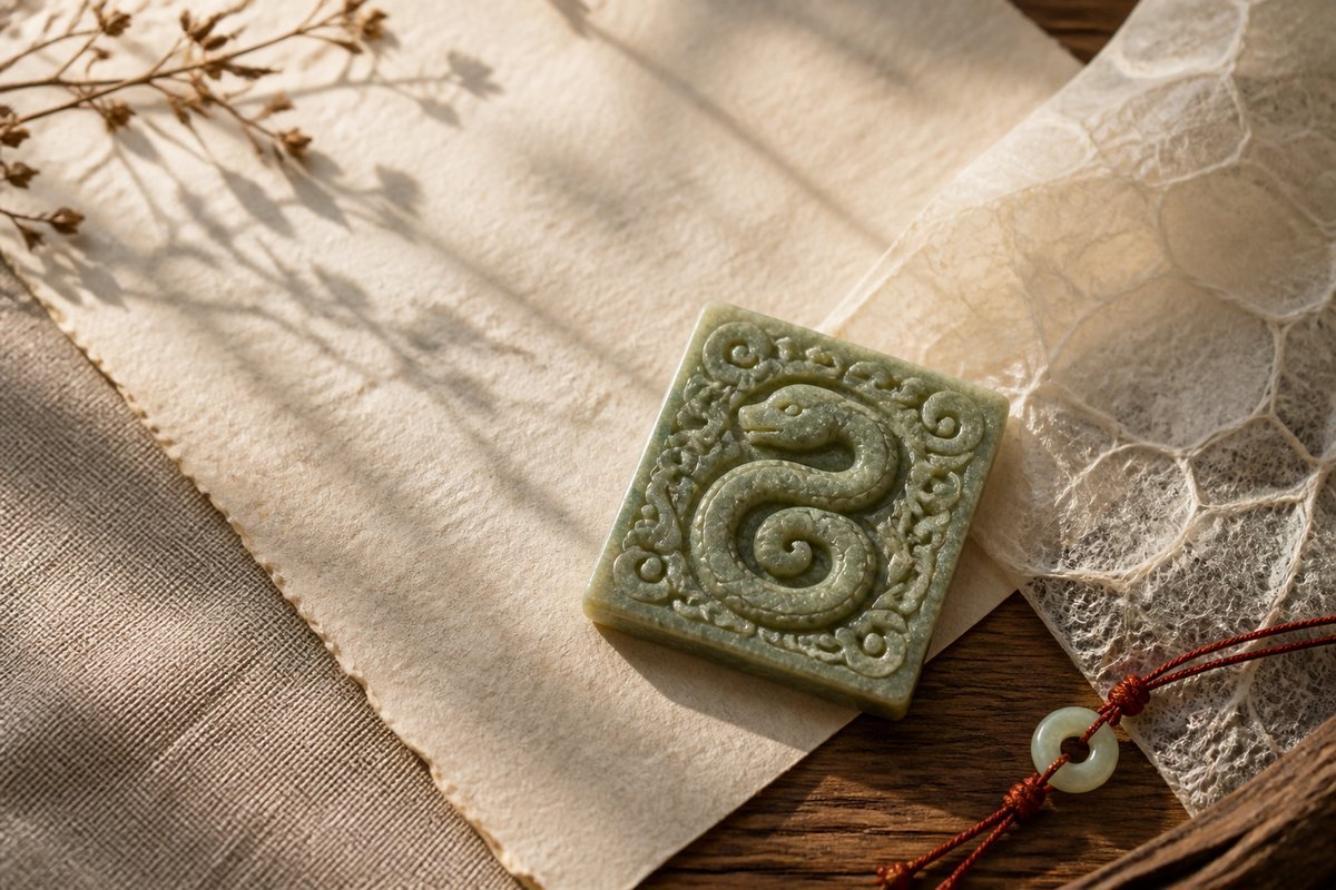 Carved jade-green snake pattern tile with folded translucent paper, parchment, linen, and branch shadow
