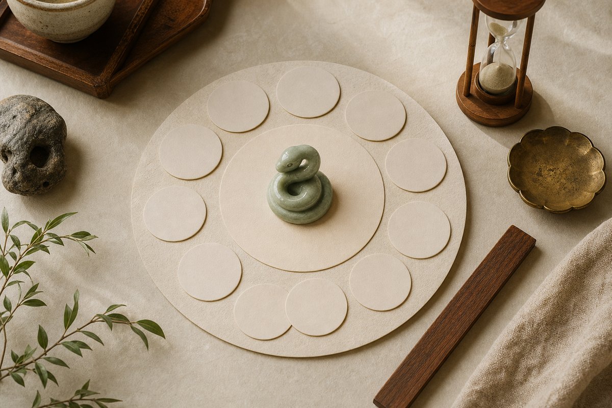 Blank circular paper discs, hourglass, jade-green ceramic snake token, wood strip, and muted brass dish on ivory desk