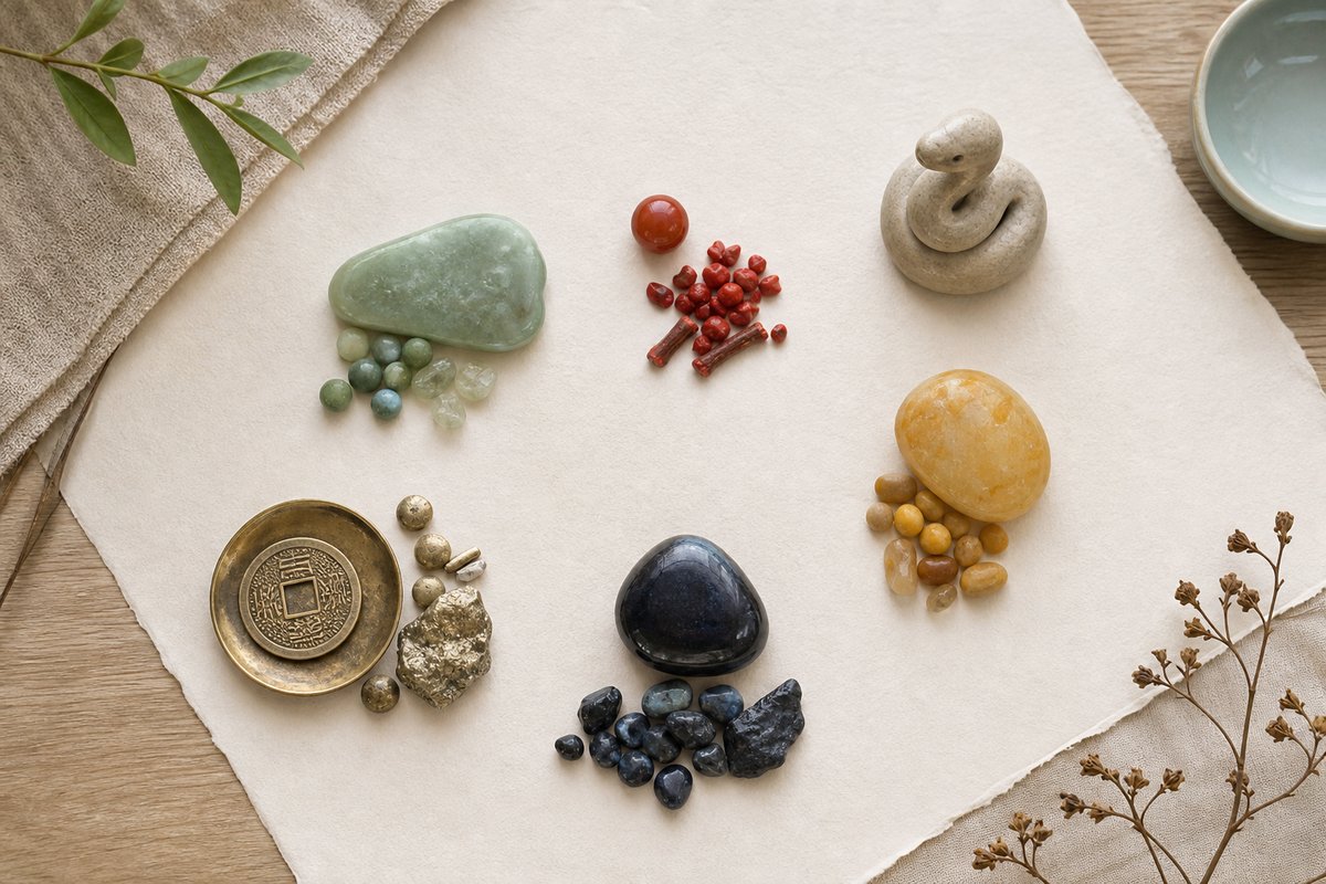 Five small material groups in green, red, yellow, brass, and deep blue-black with a neutral ceramic snake token