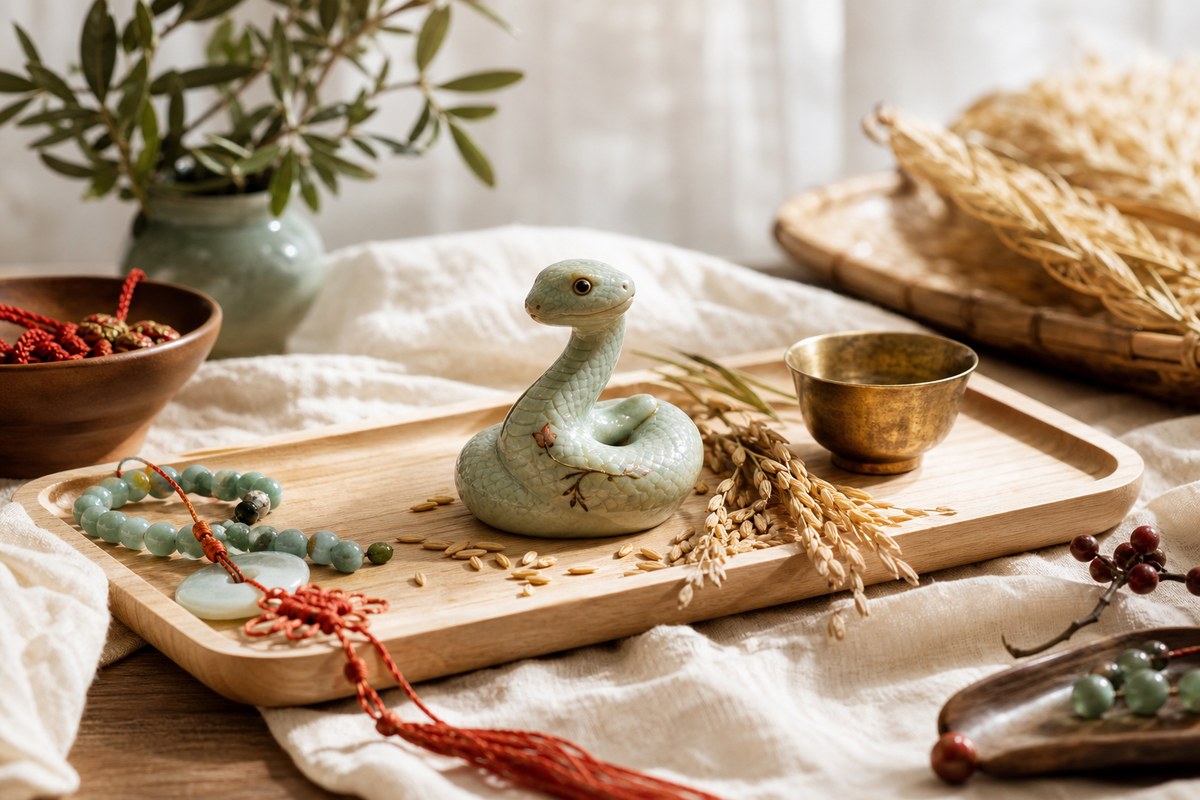 Gentle ceramic snake zodiac ornament with jade beads, grain stems, brass bowl, red cord, and ivory linen
