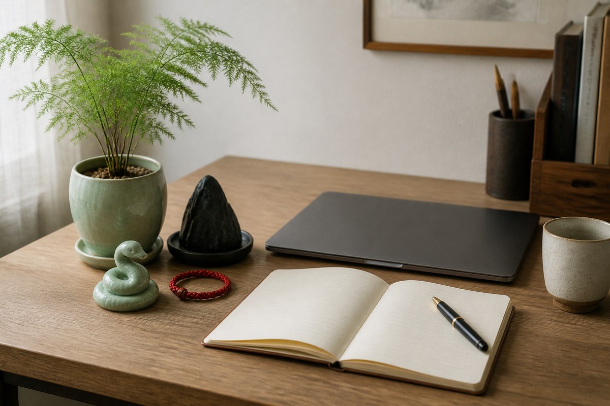 Clean desk with plant on the left side, jade-green snake token, black stone, red cord, blank notebook, closed laptop, and ceramic cup