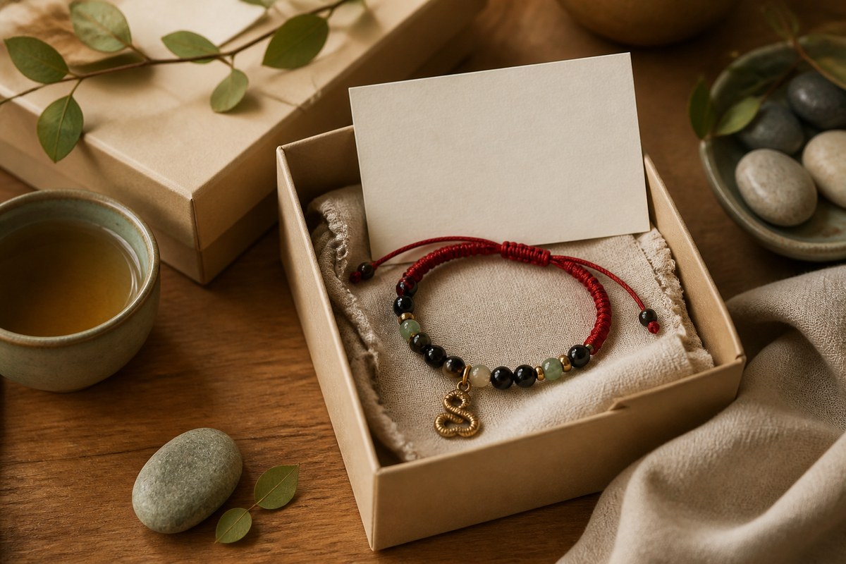 Open natural paper gift box with red cord jade and black bead bracelet, tiny snake charm, blank cream card, linen wrapping, and stones