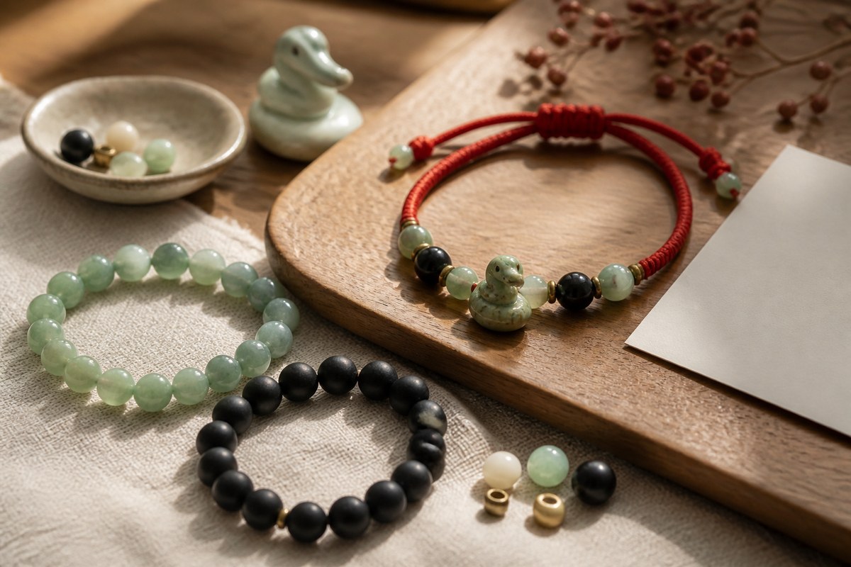 Red cord bracelet with jade beads, matte black stone beads, brass spacer, tiny ceramic snake charm, and blank gift card on ivory linen