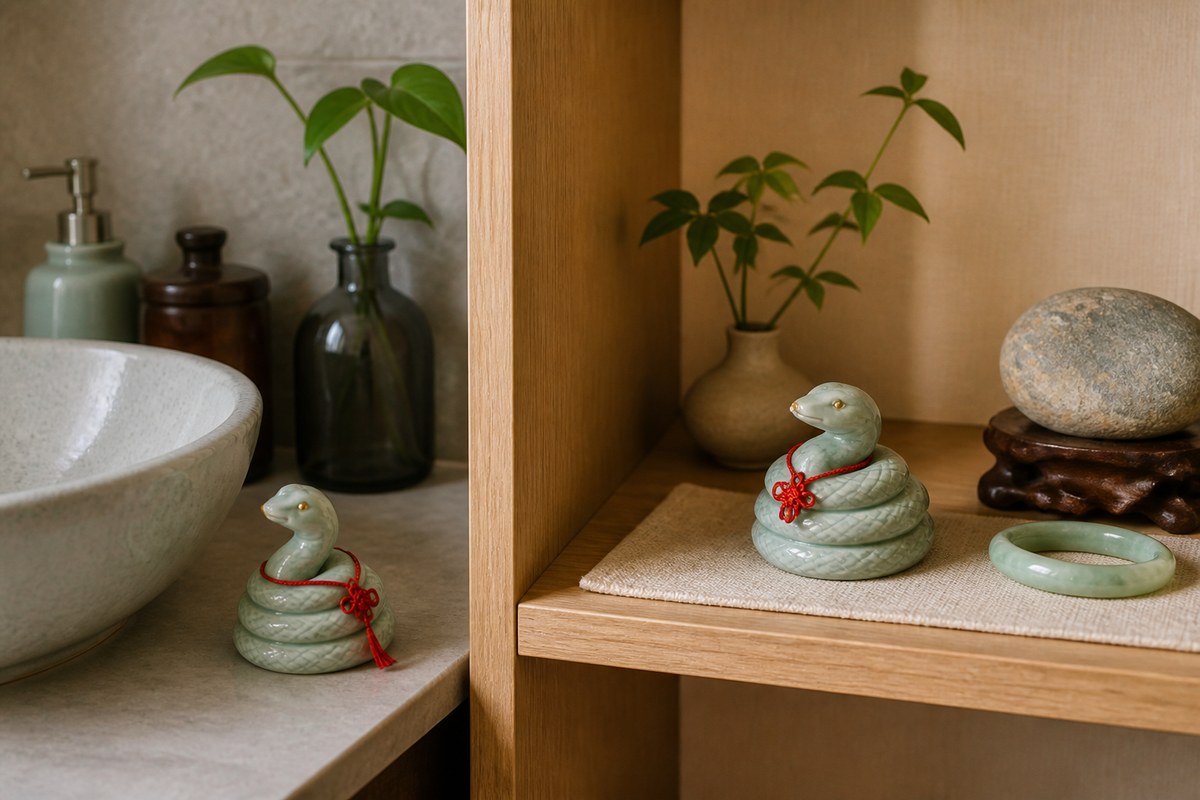 Ceramic snake ornament moved from a cramped damp edge toward a clean dry stable shelf in a warm neutral home setting