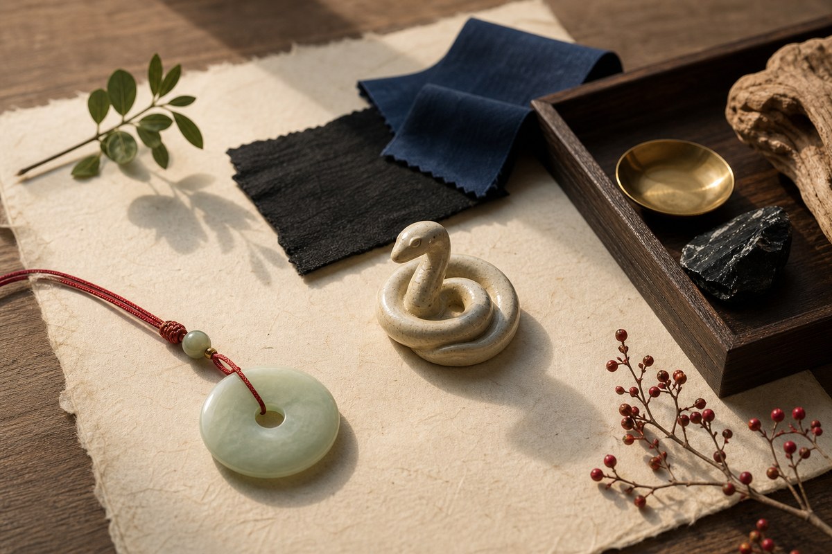 Ceramic snake ornament with jade, black and deep blue fabric, red cord, and brass dish on warm ivory paper