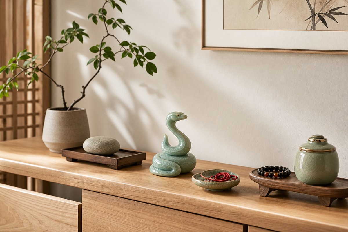 Jade-green ceramic snake ornament on a clean pale wood sideboard with plant branch, ceramic dish, stones, and red cord