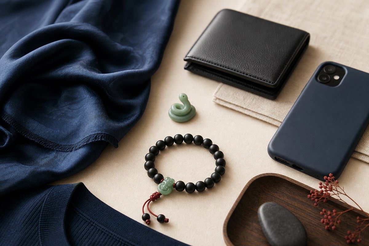 Deep blue scarf, matte black stone bracelet, jade snake charm, leather wallet, plain phone case, and red cord on ivory table