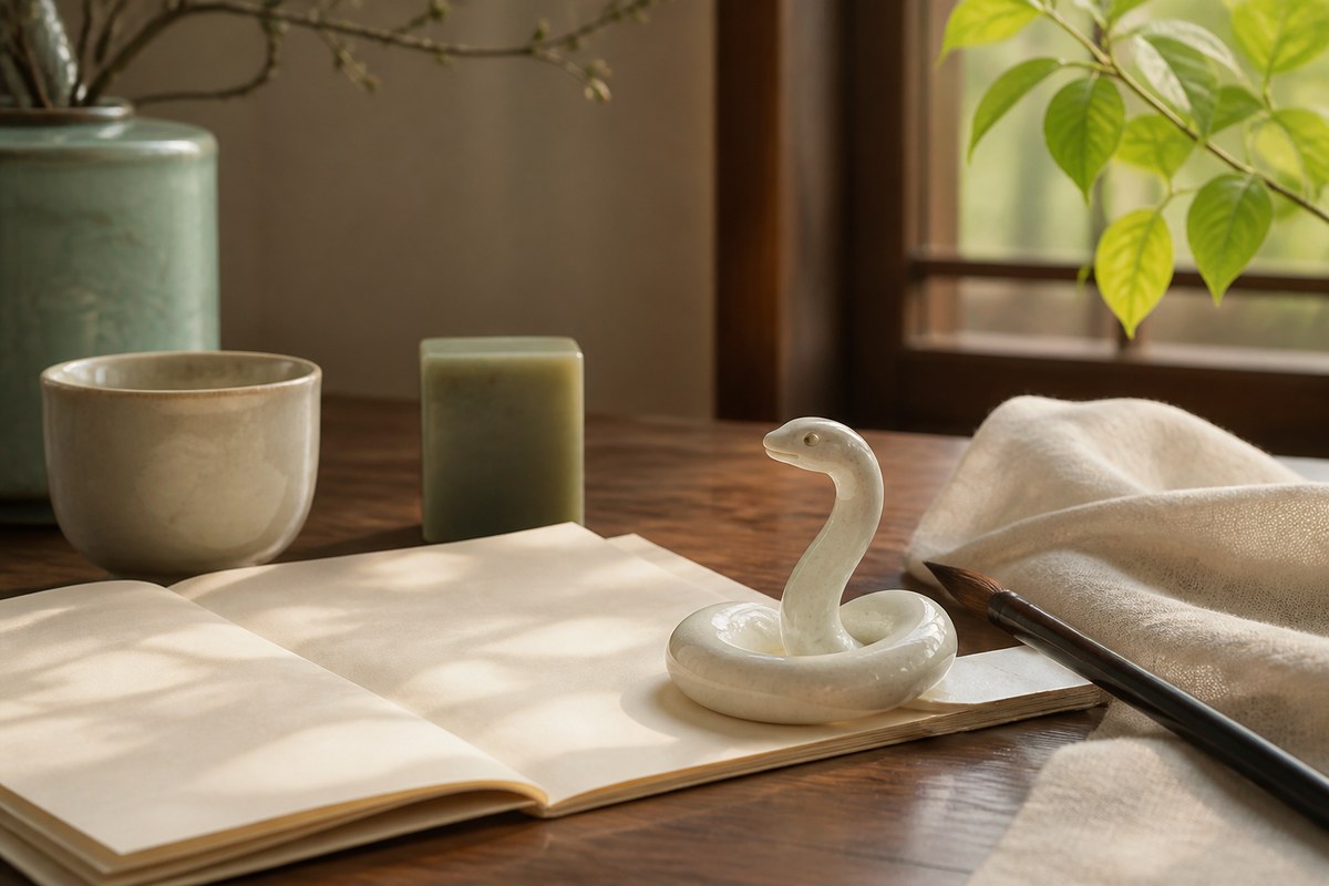 White ceramic snake-shaped brush rest on blank rice paper pages with muted jade stone and ceramic cup