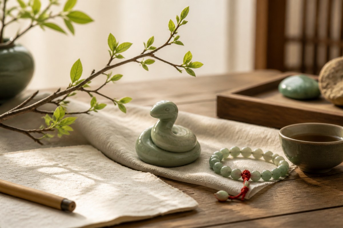 Soft green ceramic snake ornament with jade beads, young branch leaves, handmade paper, and tea cup on natural wood