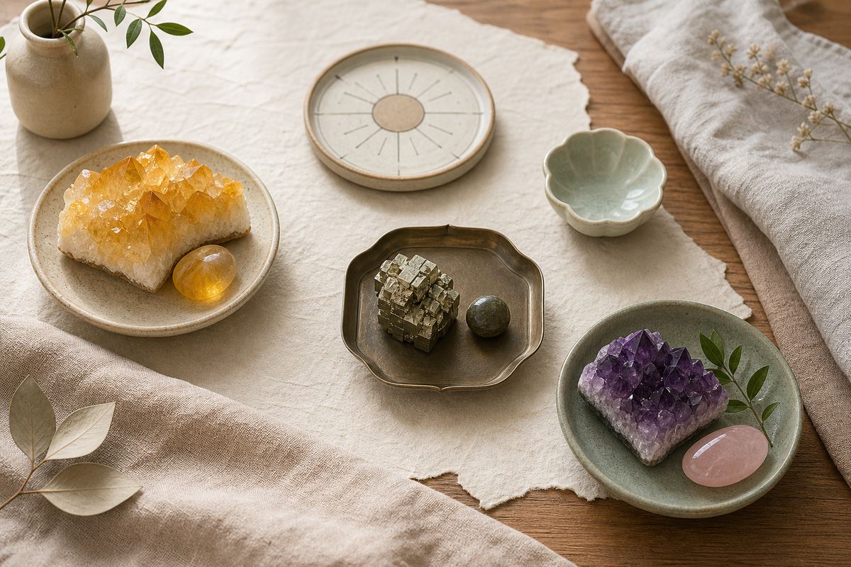 Three restrained crystal arrangements with citrine, pyrite, amethyst, and rose quartz on warm paper