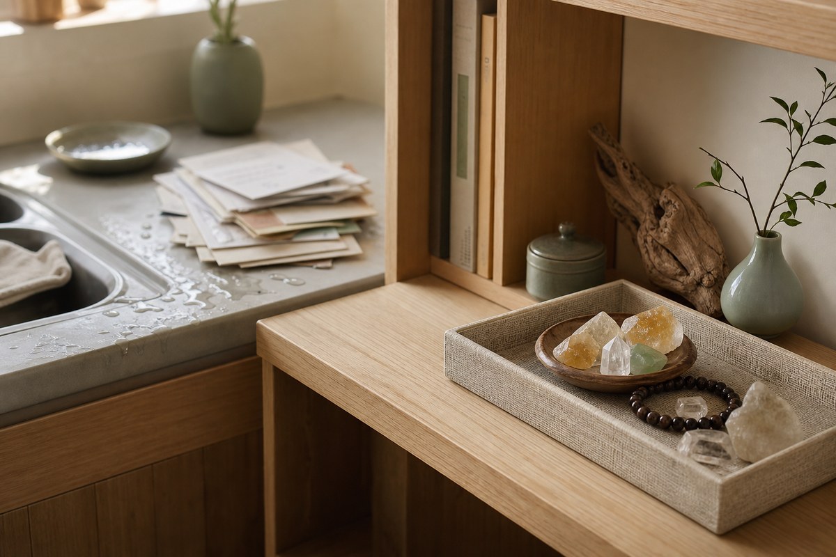 Citrine tray moved from a damp cluttered edge toward a clean stable shelf in a warm neutral home setting
