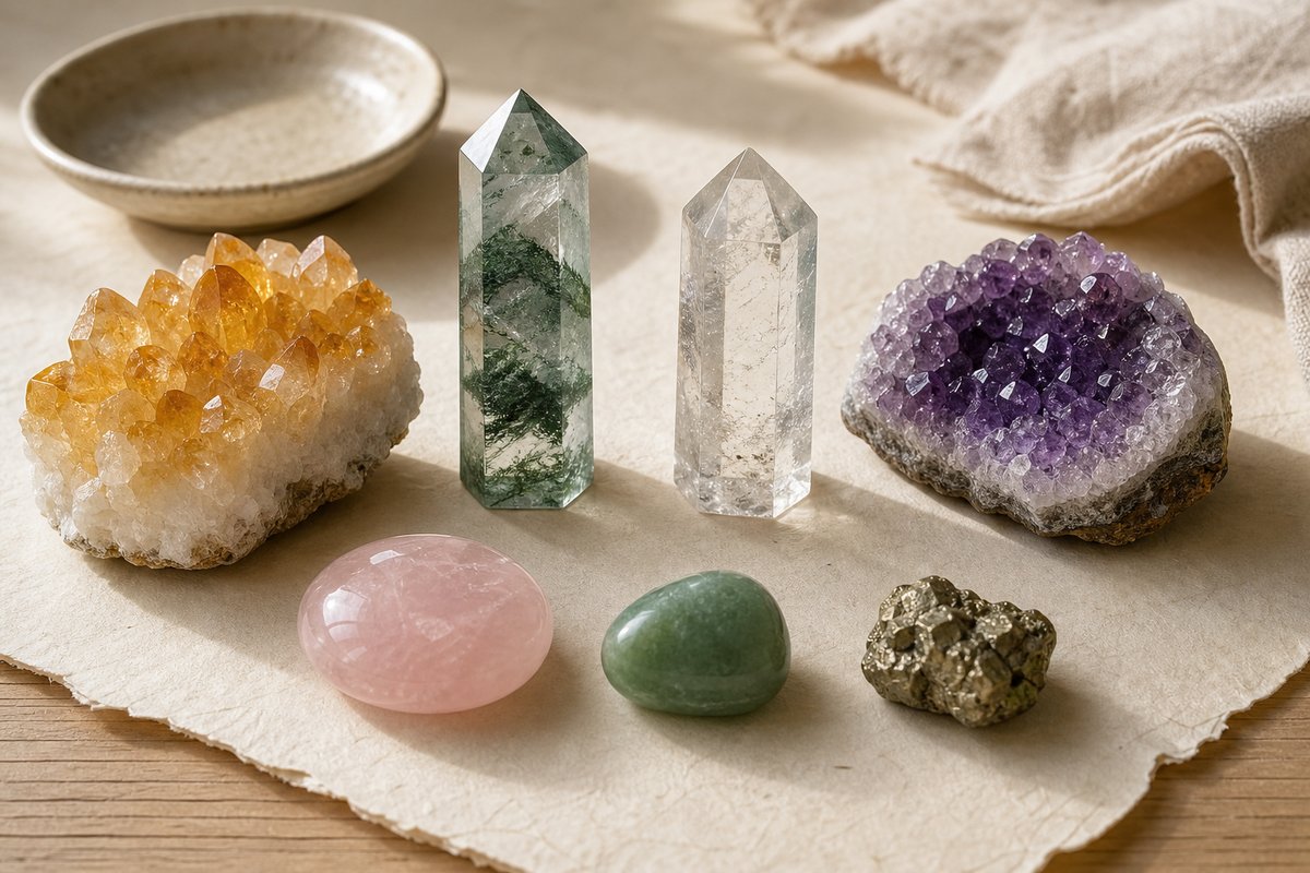 Citrine, green phantom quartz, clear quartz, amethyst, rose quartz, jade-green stone, and pyrite arranged on warm paper