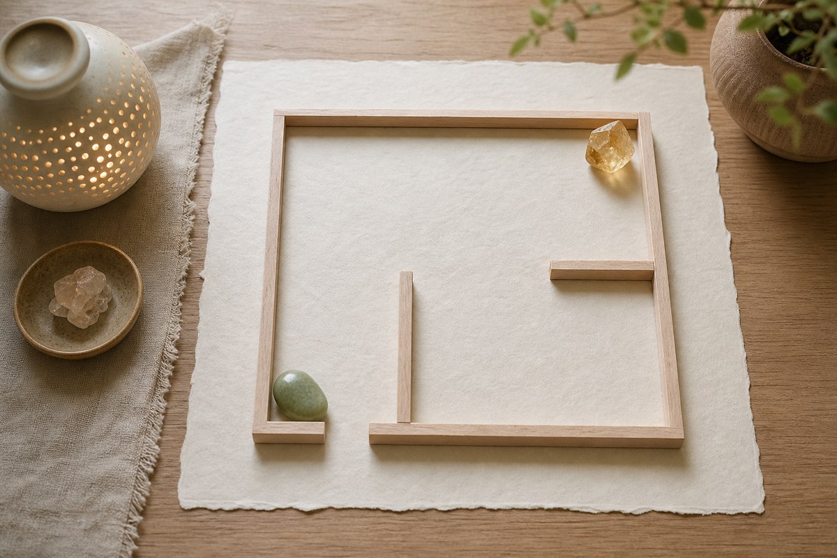 Small citrine and jade-green stones placed on an abstract pale wood home-corner layout