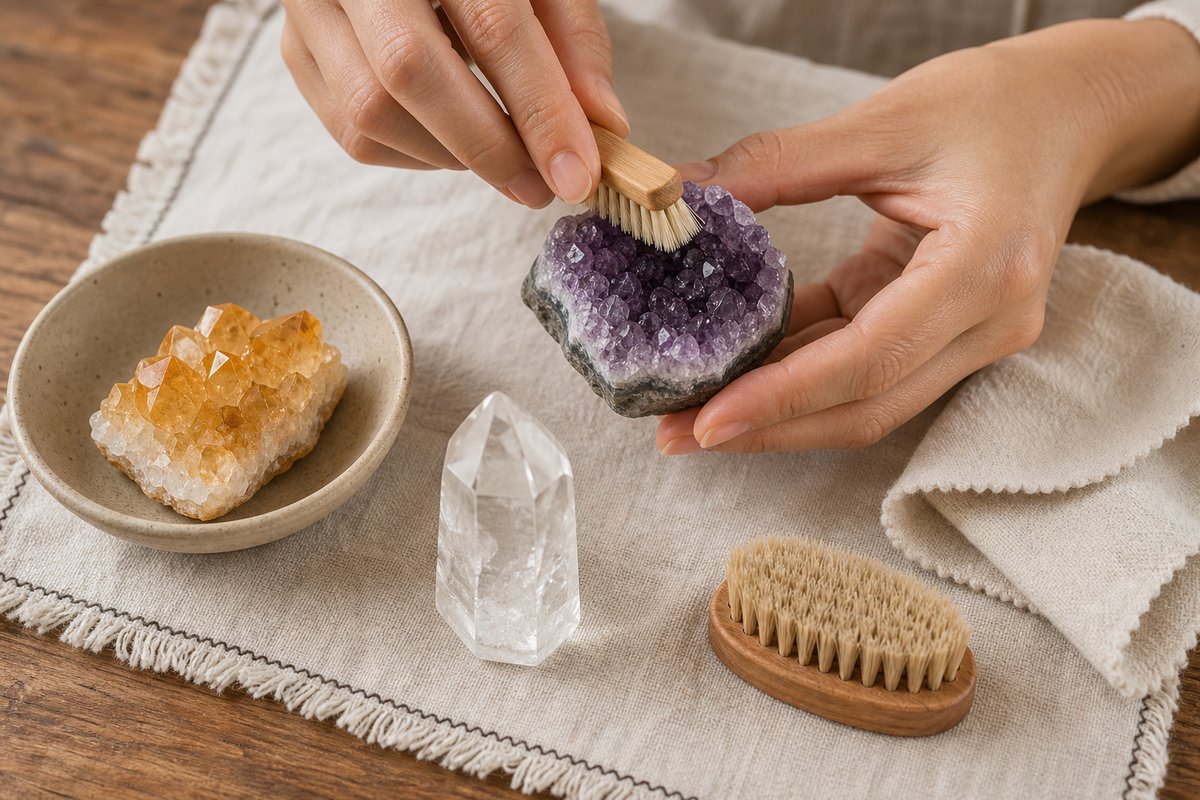Hands cleaning an amethyst geode and clear quartz with a soft cloth and small brush on an ivory linen mat