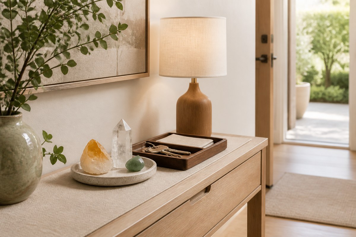 Citrine, clear quartz, and jade-green stone on a clean entryway console beside a key tray