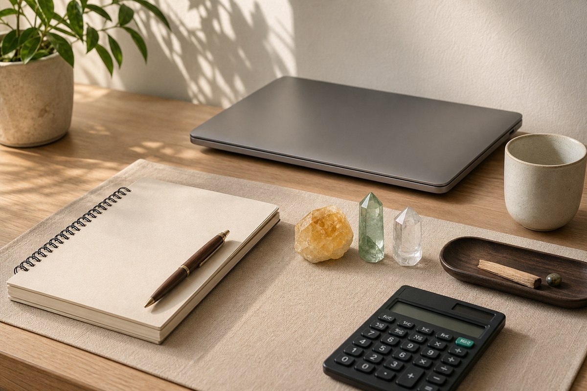 Citrine, green phantom quartz, and clear quartz beside a notebook, closed laptop, calculator, and small tray