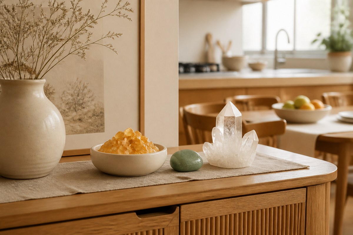 Small citrine bowl, jade-green stone, and clear quartz on a dry dining sideboard away from kitchen heat and water