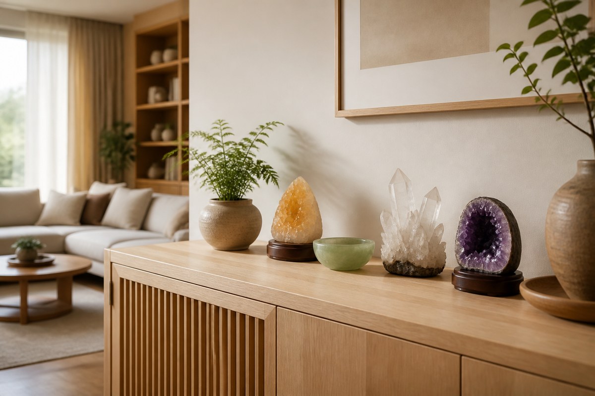 Citrine, jade-green stone, clear quartz, and amethyst geode displayed with space on a pale wood living room sideboard