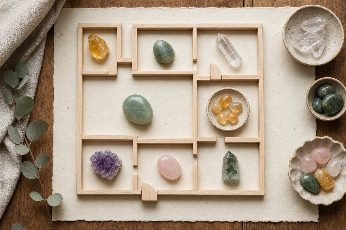 Small citrine, jade, clear quartz, amethyst, rose quartz, and green phantom stones arranged on an abstract home layout