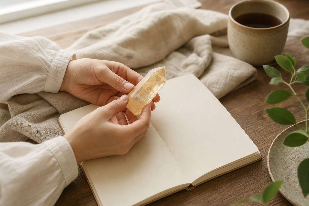 Hands holding a small citrine beside a blank notebook, linen cloth, ceramic cup, and warm wood surface