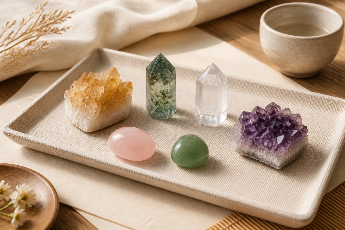 Citrine, green quartz, clear quartz, amethyst, rose quartz, and jade-green stone on an ivory linen tray