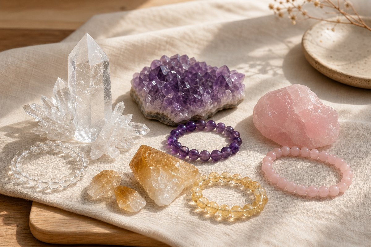 Clear quartz, amethyst, rose quartz, golden quartz, and matching beads arranged on warm ivory linen