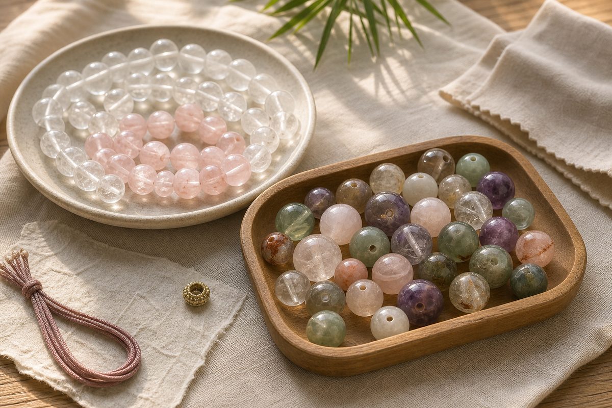 Crystal bead trays, silk cord, bead spacer, soft cloth, and natural color variation on ivory linen