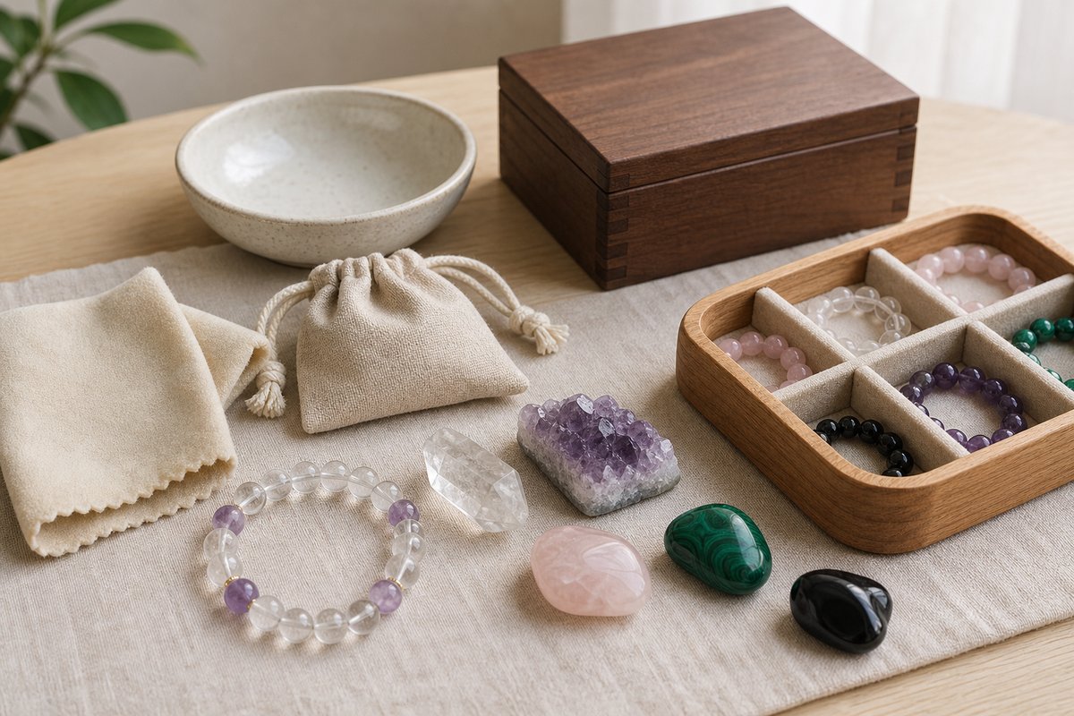 Crystal bracelet and loose stones separated beside a soft cloth, dry pouch, ceramic bowl, and wooden storage box