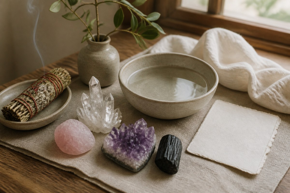 Clear quartz, amethyst, rose quartz, dark stone, ceramic water bowl, soft cloth, dried herbs, and blank card