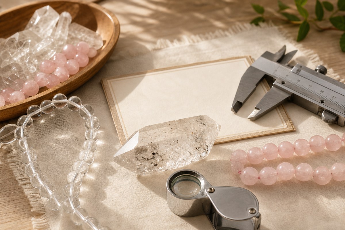 Clear quartz beads and point with inclusions, rose quartz beads, loupe, caliper, and blank certificate on ivory paper