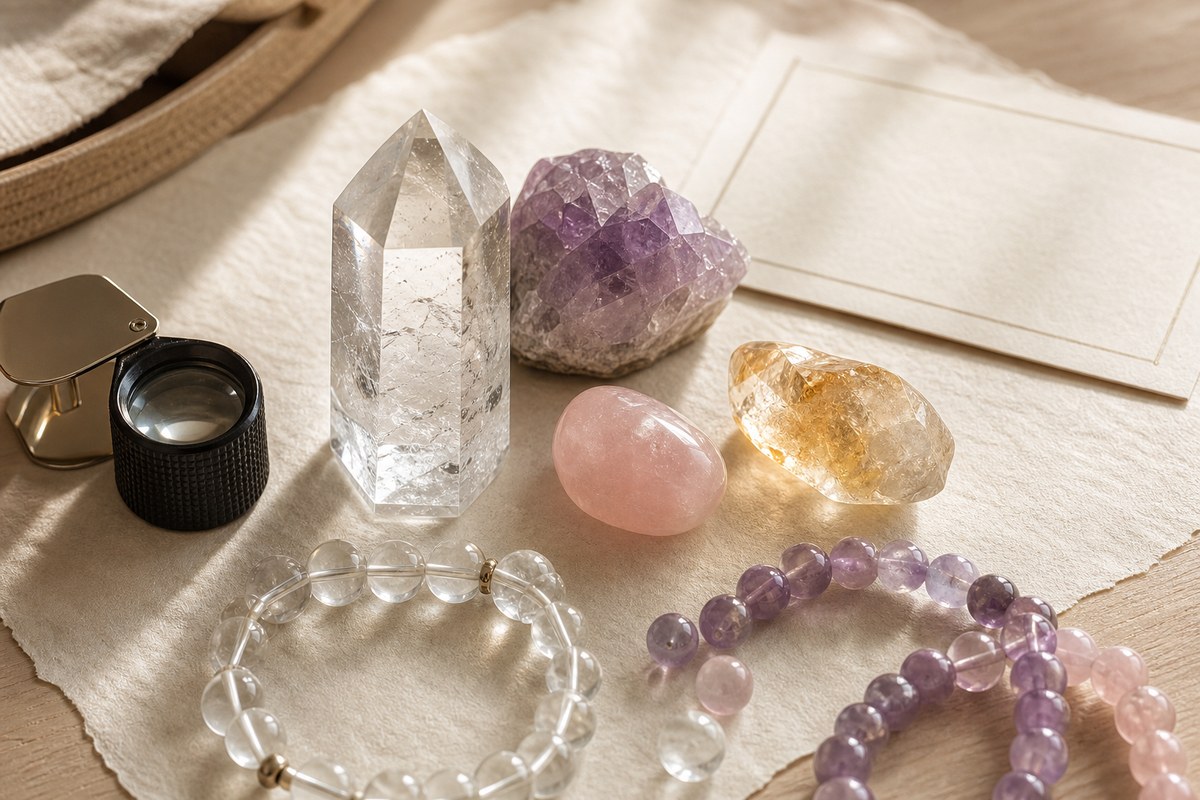 Clear quartz, amethyst, rose quartz, golden quartz, loose beads, loupe, and blank certificate on ivory paper